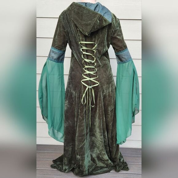 ⏭️NWT Green Medieval Renaissance Hooded Trumpet Sleeve Dress Large - Picture 4 of 15